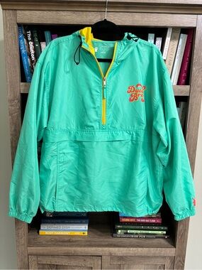 Dutch Bros Retro Teal Yellow Hooded Windbreaker Rain Jacket, Size Large